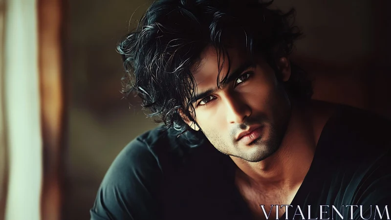 Photorealistic low-key portrait with cinematic close-up lighting.