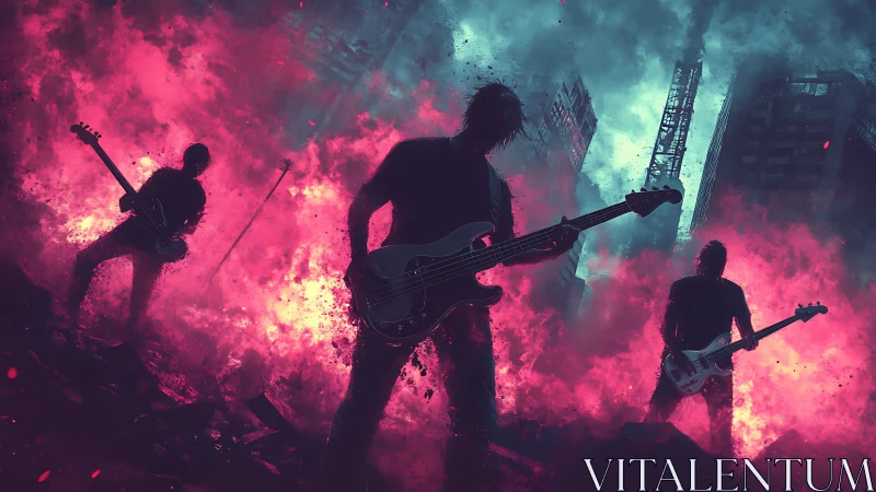 Rock band ignites a neon storm in a dramatic cityscape.