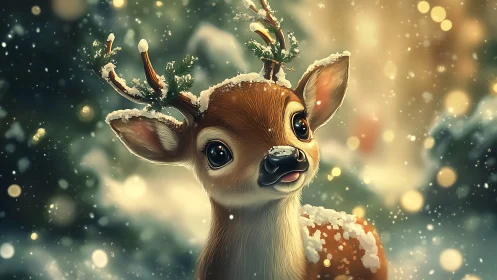 Snow-dusted baby reindeer blinking through golden flurries.