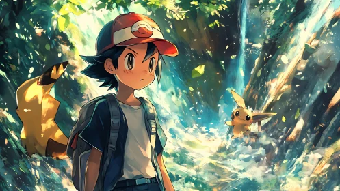 Young trainer explores lush forest beside sparkling waterfall