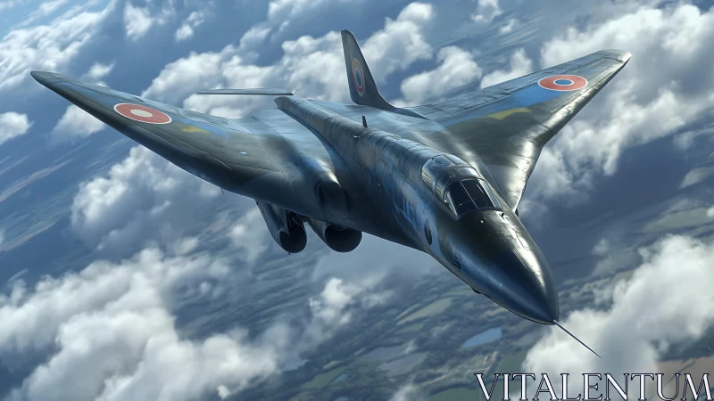 Swept-wing bomber soars above bright clouds in dynamic flight