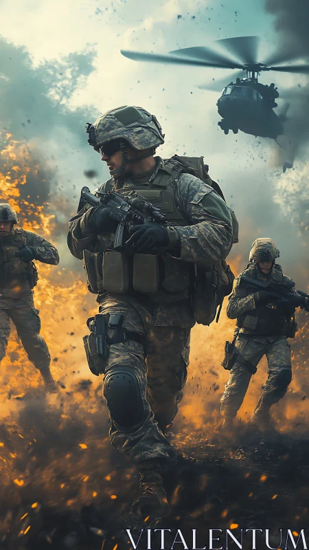 Soldiers advance through fire with helicopter support.