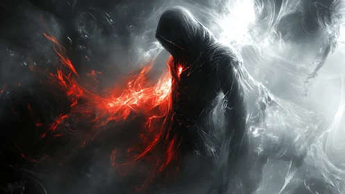 Shadowed ember figure between fire and fog, quietly blazing.