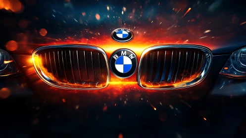 BMW front grille close-up with fiery glowing light effects.