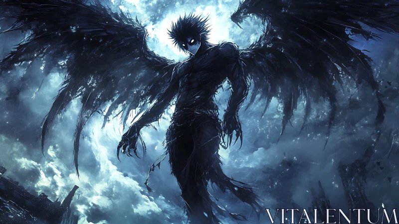 Winged humanoid silhouette against stormy blue sky. Period.