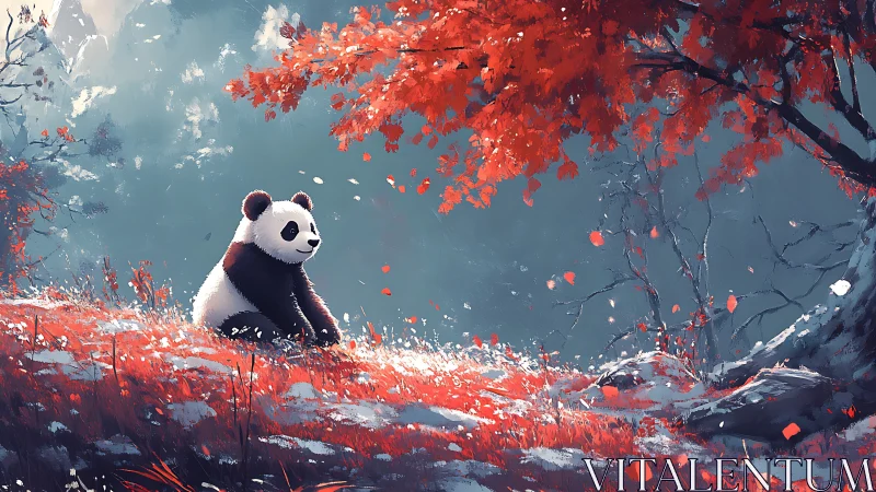 Panda sits under crimson tree in misty autumn valley