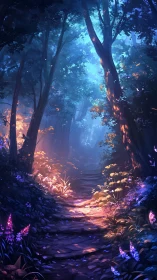 Illuminated forest pathway with atmospheric light and bioluminescent flora.