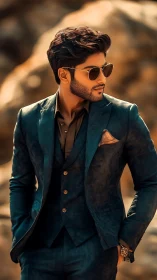 Chromatic teal suit portrait with precision-lit facial profile.