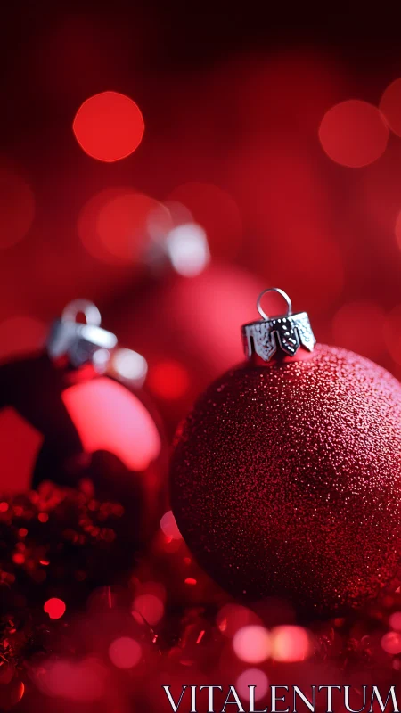Red Christmas baubles with glitter texture and bokeh glow.