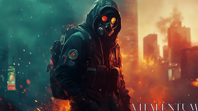 Hooded figure in gas mask stands in burning urban ruins