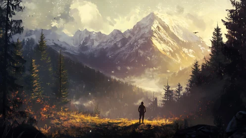 Lone hiker contemplates sunlit mountain peak at dawn.