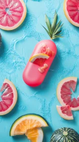 Pink capsule float with citrus slices on blue water.