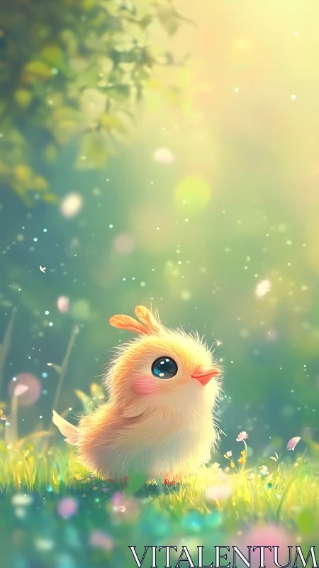 Golden Dreamer: Whimsical Chick in Enchanted Meadow.