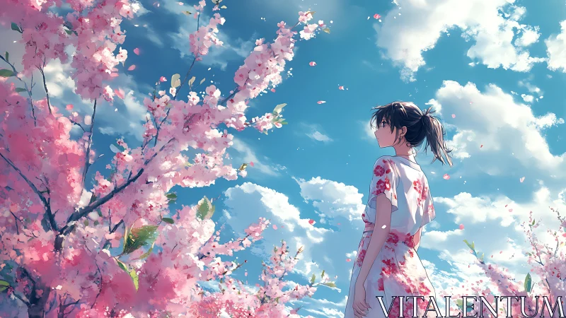 Young woman under cherry blossoms in bright daytime sky.
