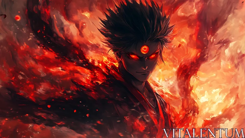 Demonic anime warrior channels vortex of volumetric fire energy