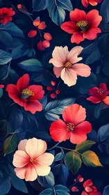Red and Pink Floral Pattern on Dark Blue Background.