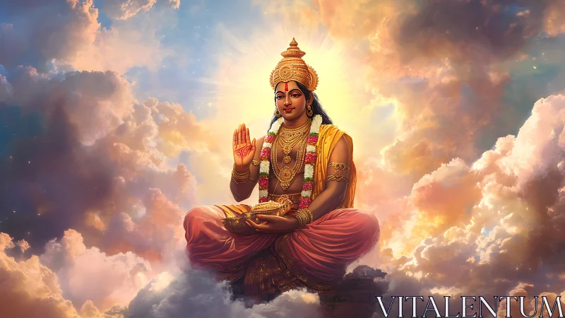Hindu deity seated on glowing clouds with radiant halo