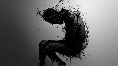 Silhouette of seated figure dissolving into black splashes.