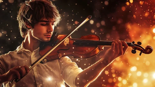 Violinist in luminous bokeh field with warm cinematic glow.