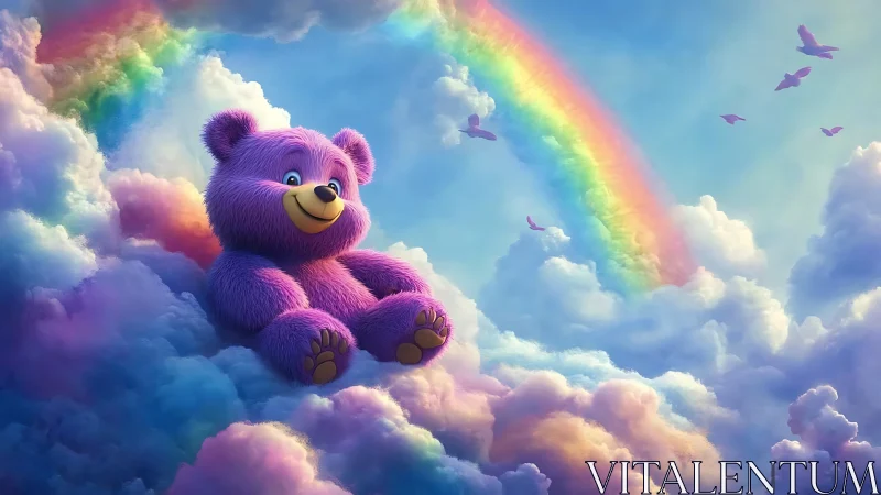 Chromatic plush bear suspended in volumetric rainbow clouds.