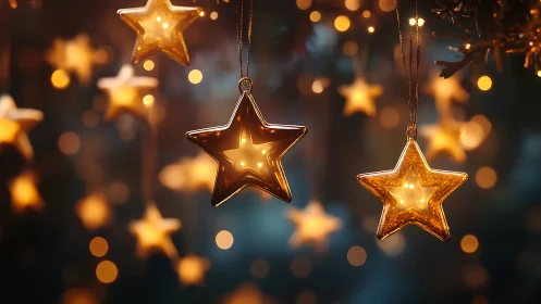 Golden star-shaped fairy lights glow in soft festive bokeh