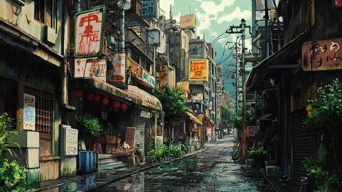 Narrow urban alley shows wet pavement and dense signage