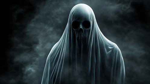 Ethereal skeletal wraith in volumetric fog, high contrast