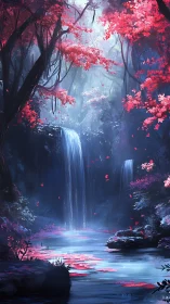 Enchanted crimson forest waterfall with luminous blue pool.