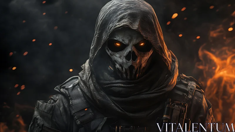 Armored skull-masked warrior emerges through burning embers