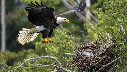 Majestic bald eagle approaching nest in vivid nature photography.