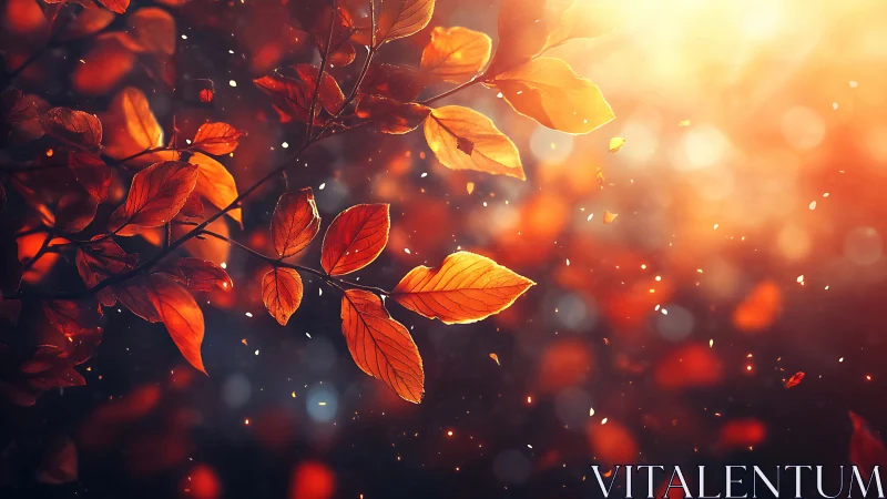 Glowing autumn leaves against warm sunset bokeh light.
