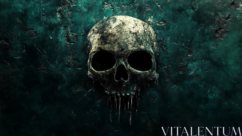 Weathered human skull on textured dark teal background.