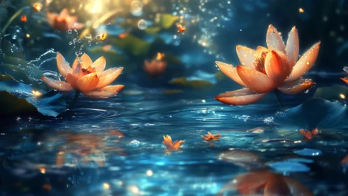 Luminescent lotus blossoms drifting across iridescent water.
