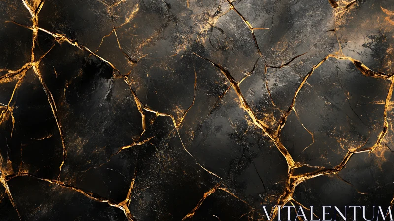 Fractured dark surface shows metallic gold vein network