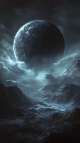 Luminous cratered moon above storm-swept alien seascape at dusk