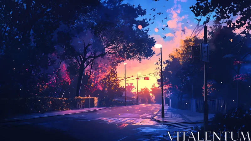 Urban street at dusk with trees, lampposts and traffic lights.