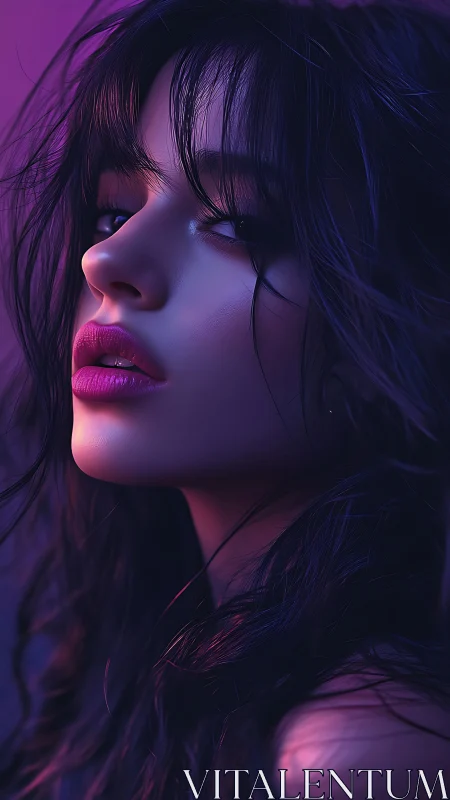 Neon-kissed gaze in twilight violet cinematic portrait.