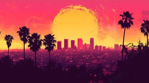 Urban skyline with palm trees under stylized sunset glow.