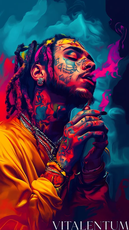 Neon drenched portrait of tattooed man exhaling magenta smoke.