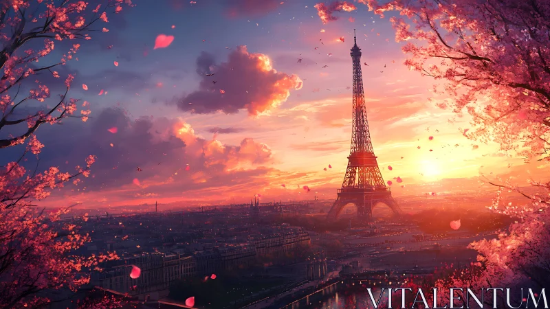 Eiffel Tower skyline framed by blossoms at sunset.