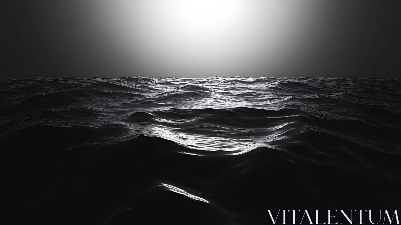 Monochrome ocean horizon in high-contrast photorealistic rendering.
