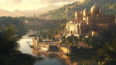 Riverfront palace complex in tropical valley landscape at dusk.