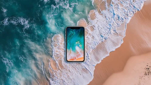 Smartphone overlay merges ocean shoreline with vivid screen.