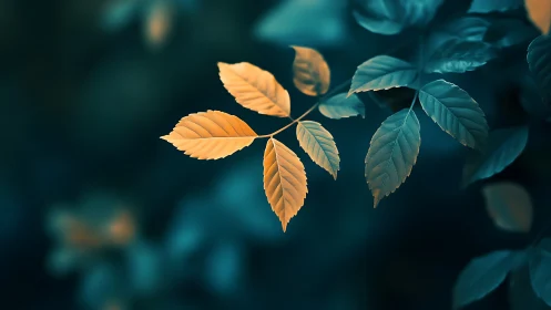 Golden leaf cluster on branch with teal blue bokeh background, digital art.