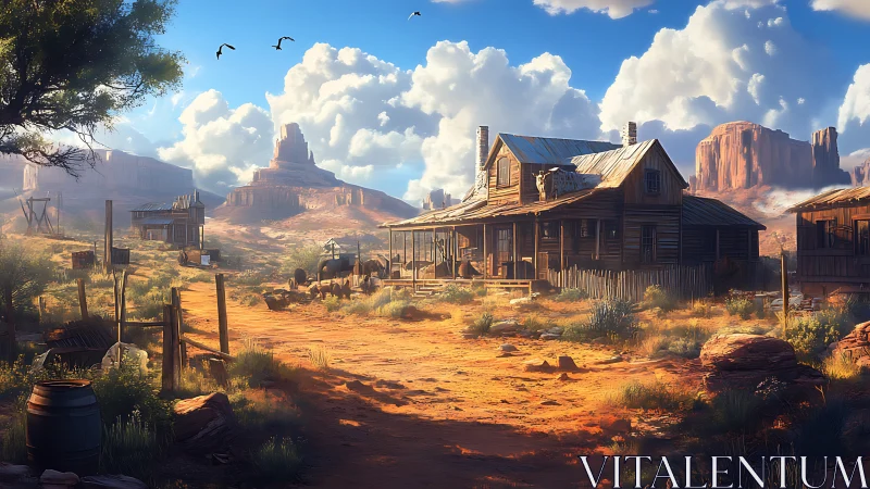 Dusty frontier homestead basks beneath towering desert clouds