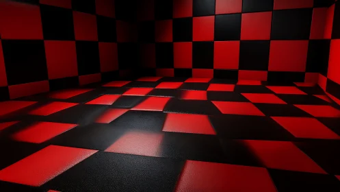 Red and black checkered 3D room with reflective tiles.