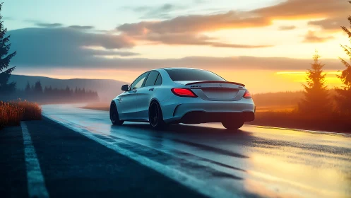 Sleek silver car gliding into a peaceful sunrise drive.