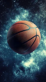 Hyperreal basketball sphere suspended against galactic nebula