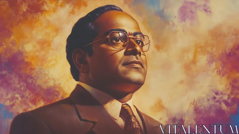 Confident suited man portrait against vivid painted sky.