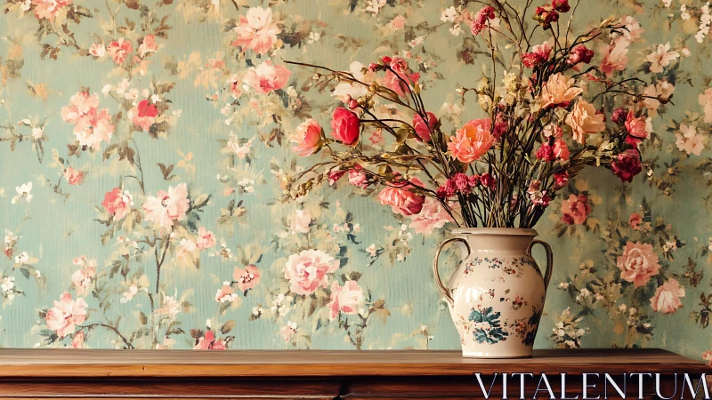 Baroque Floral Arrangement Against Chinoiserie Wallpaper